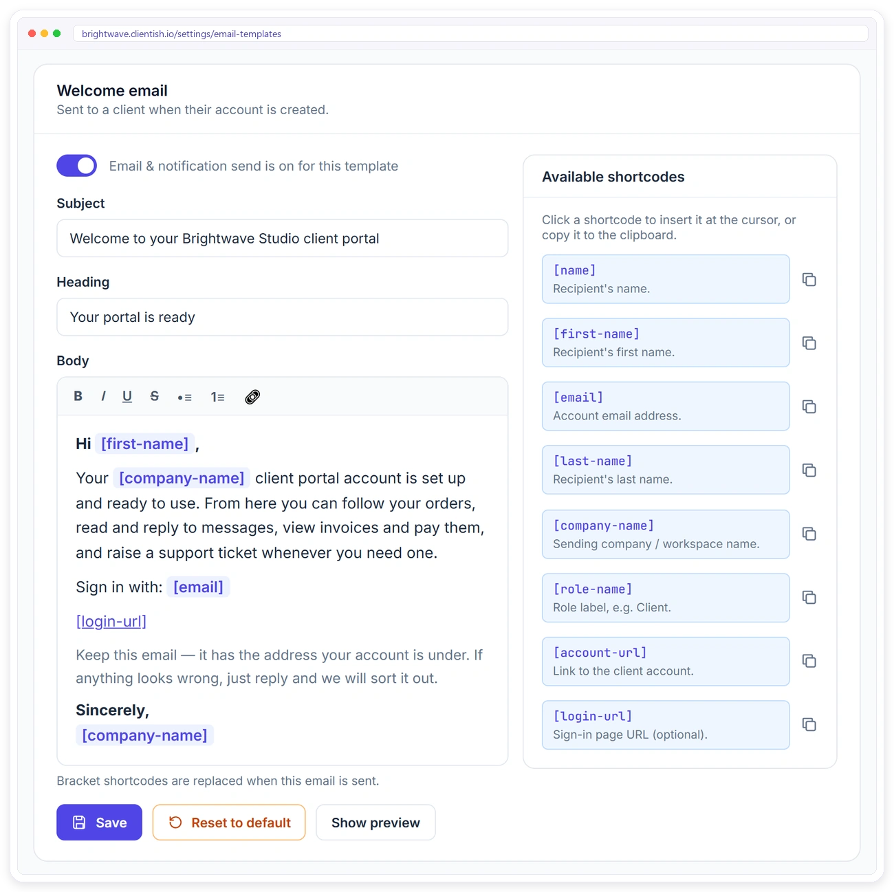 Clientish email template editor with subject, heading, body and shortcodes for a client welcome email