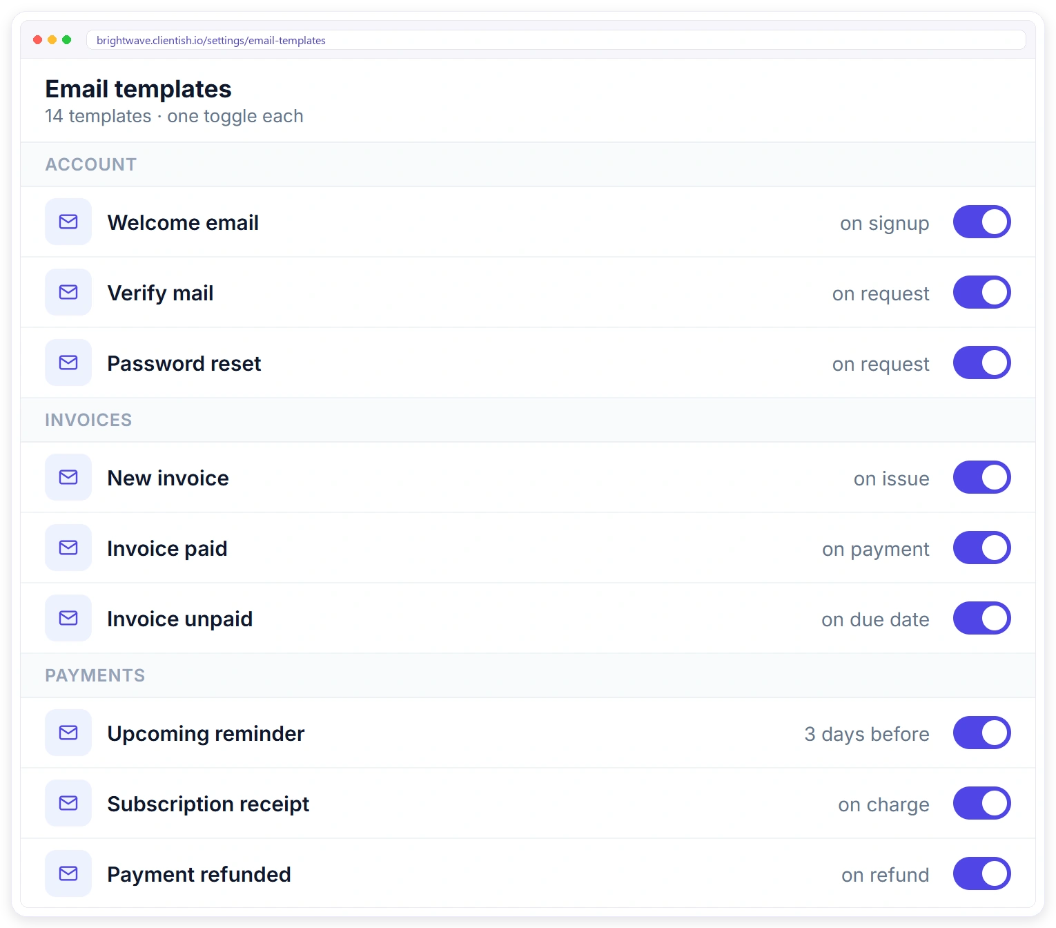 Clientish automated email templates for account, invoice and payment events, each with an on/off toggle
