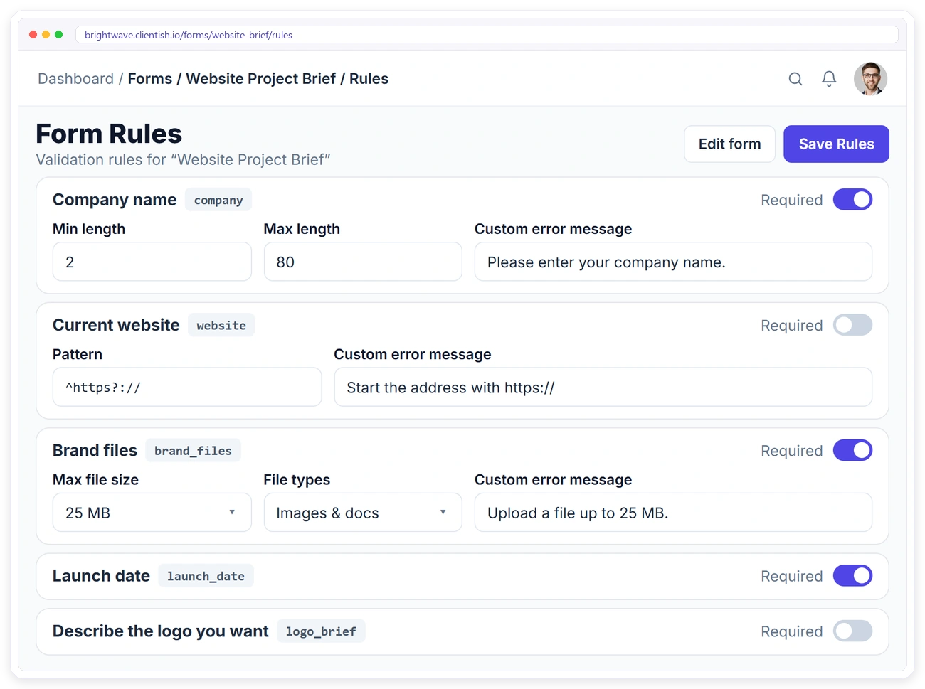 Clientish form rules with required fields, length limits, a pattern, file size limit and custom error messages Clientish form rules with required fields, length limits, a pattern, file size limit and custom error messages