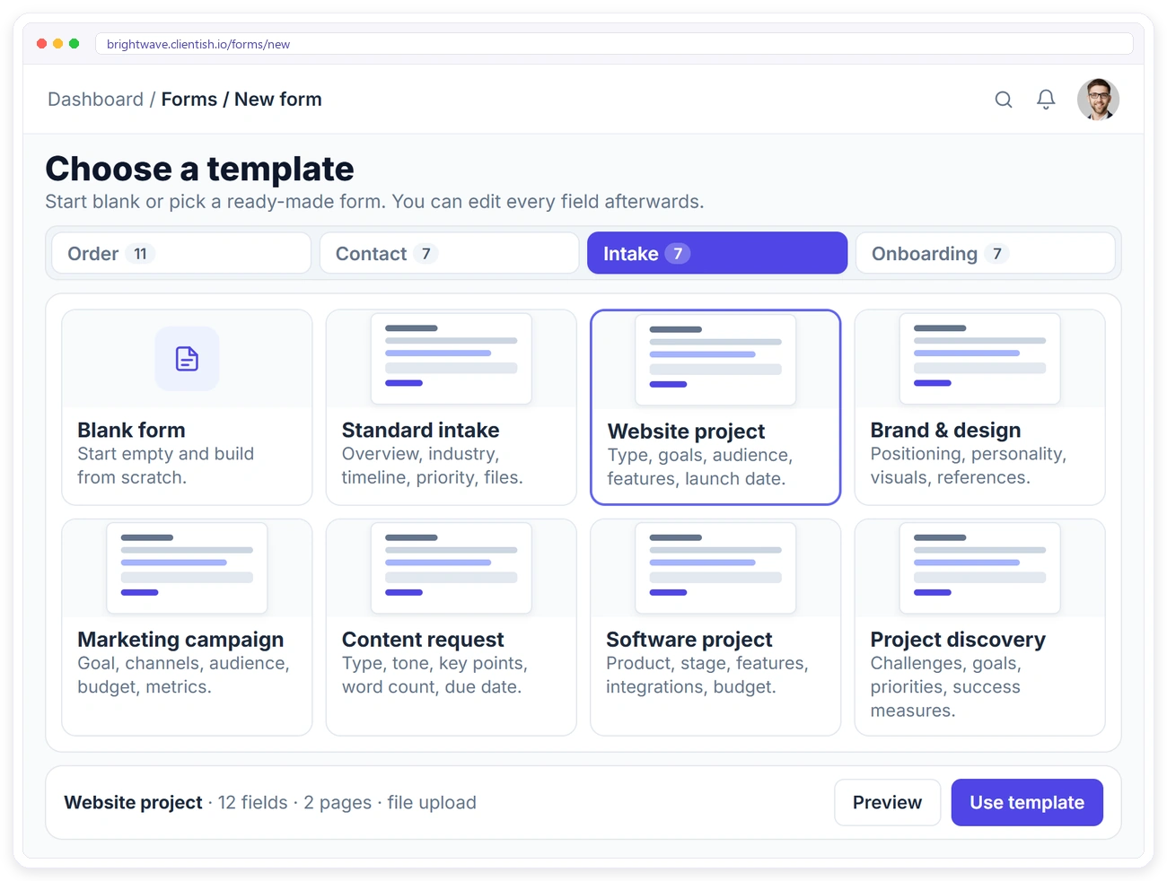 Clientish ready-made form templates for intake forms, with order, contact and onboarding templates in tabs