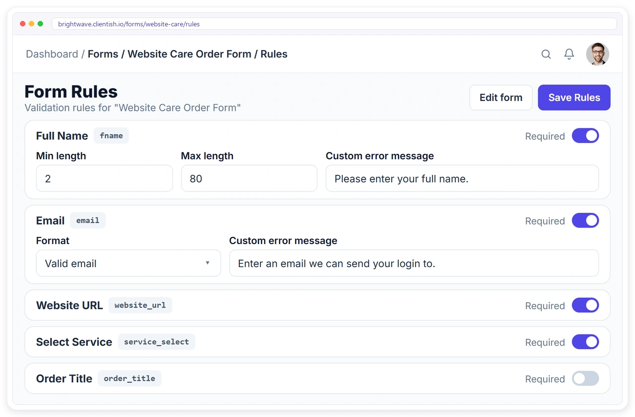 Validation rules for an order form in Clientish: required fields, length limits and custom error messages