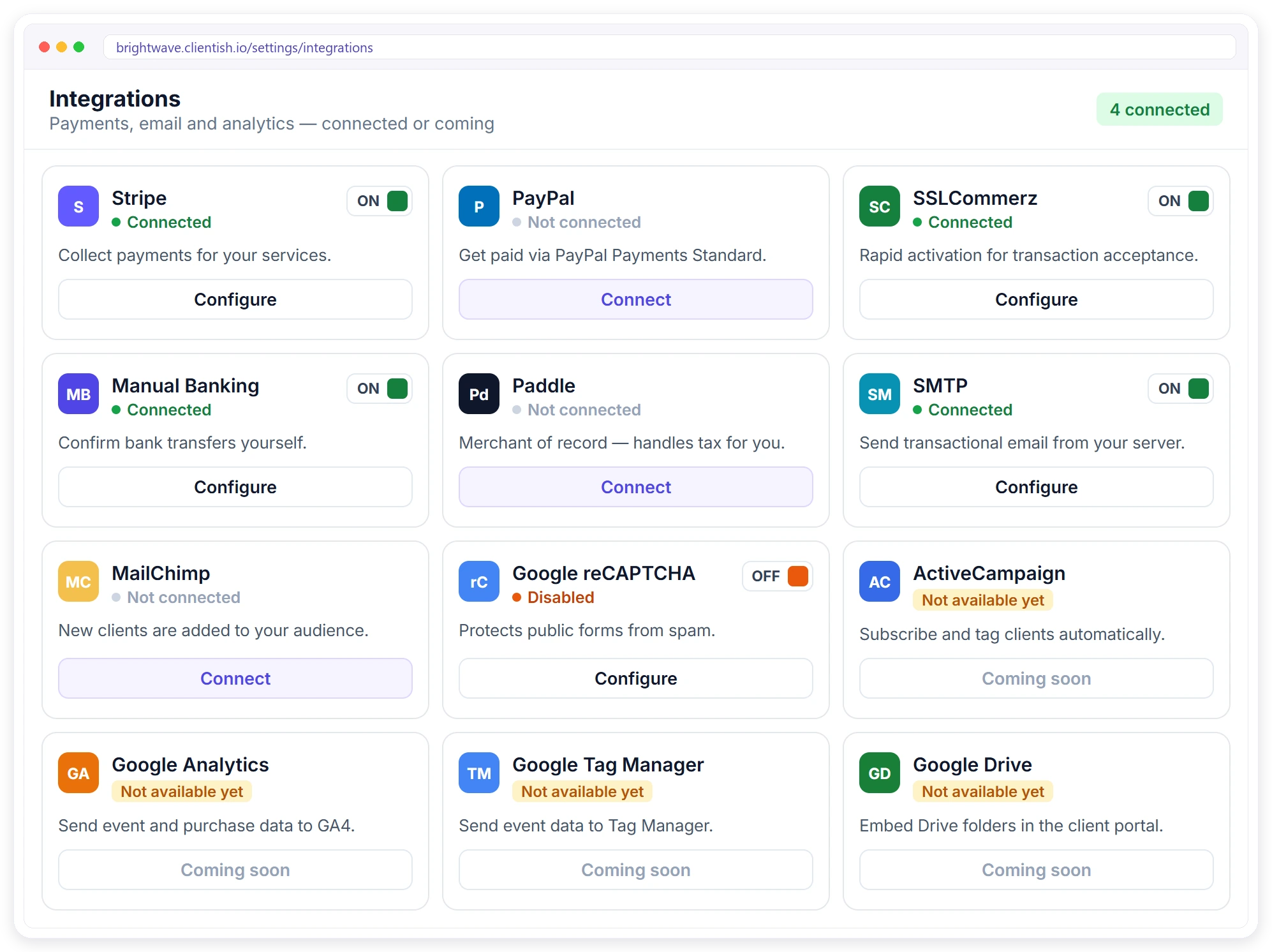Clientish integrations for payments, email and analytics with connected and coming soon apps