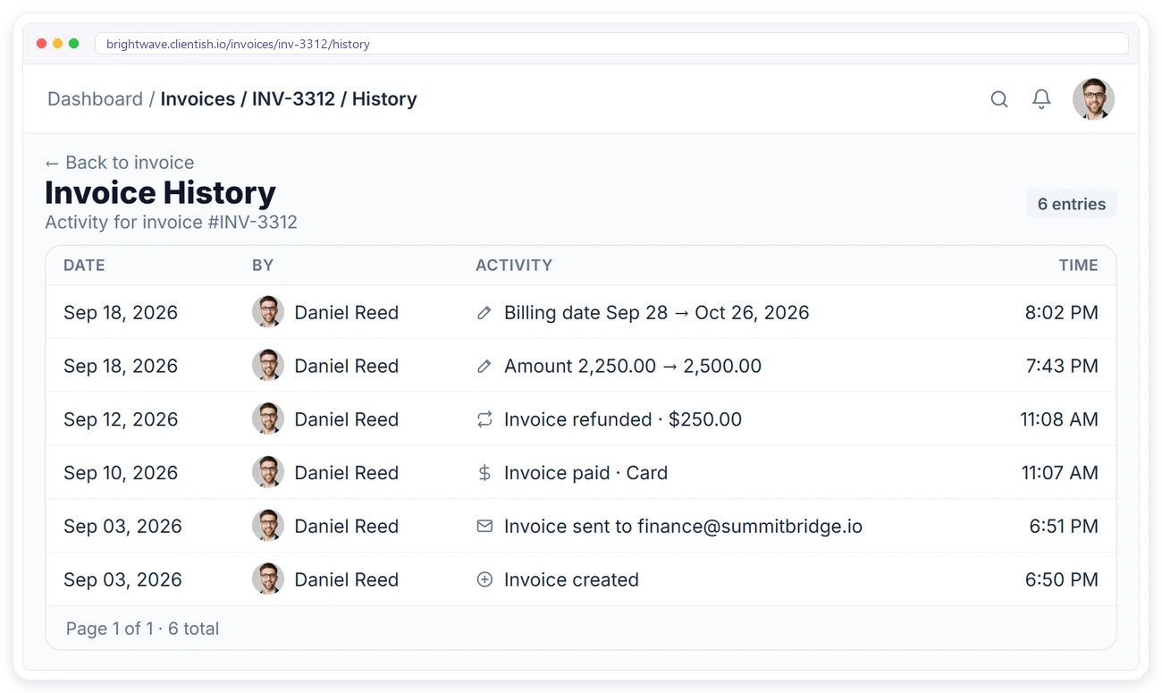Invoice history in Clientish showing edits, payments, refunds and sends with date and time