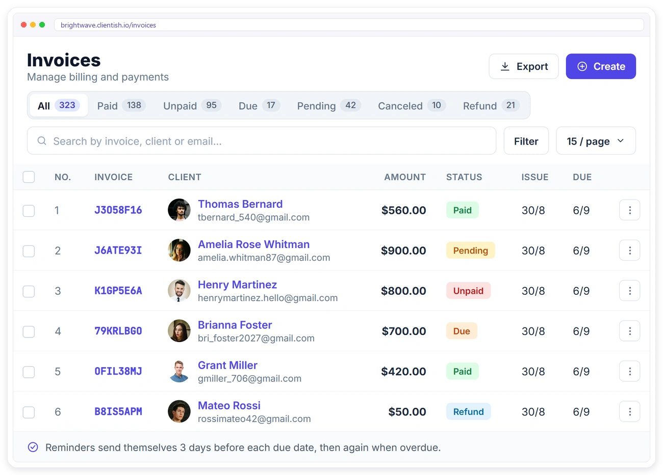 Clientish invoices list with paid, pending, unpaid, due and refund statuses and automatic reminders
