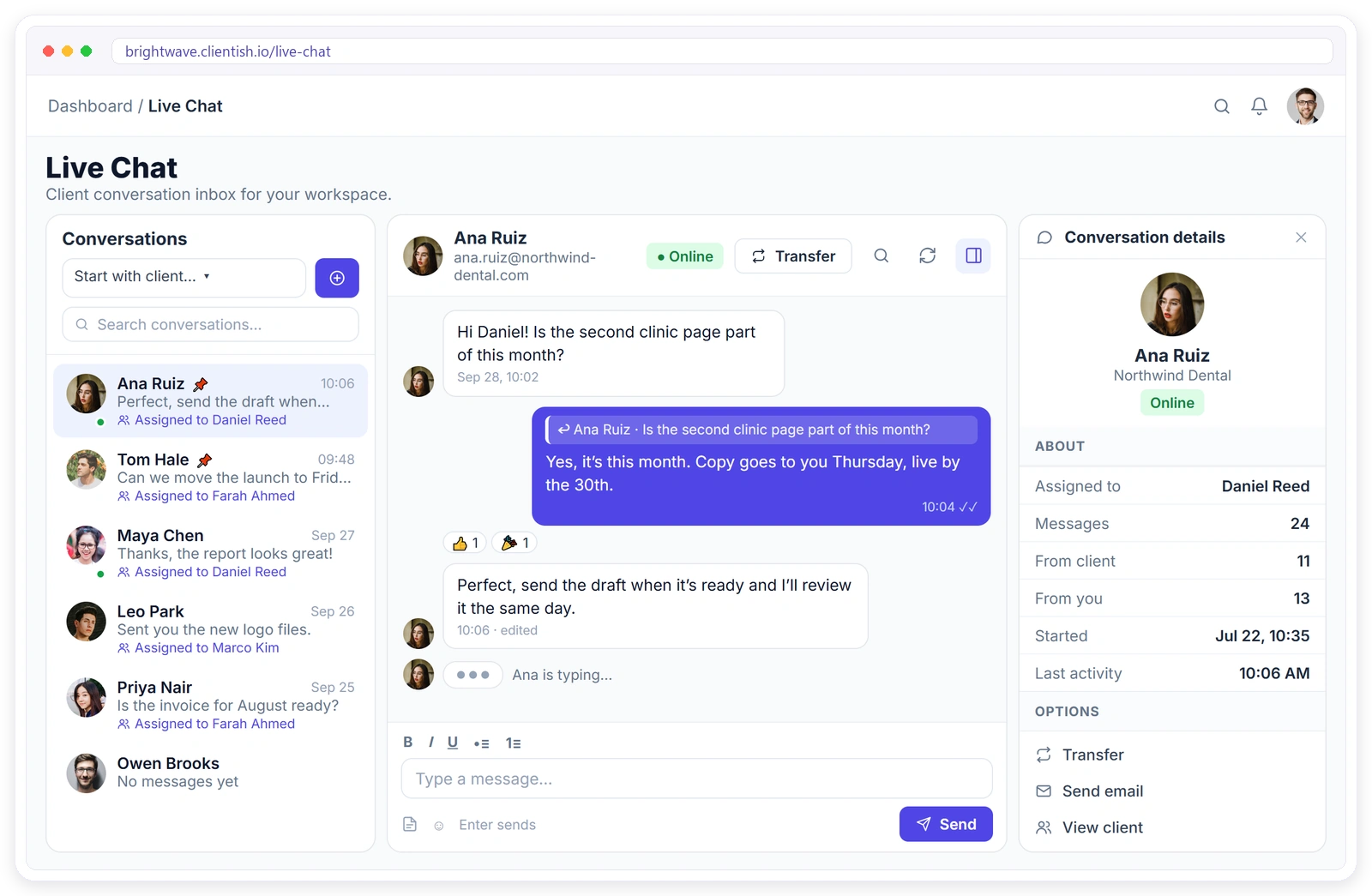 Agency live chat inbox in Clientish with client conversations, typing indicator, reactions and conversation details