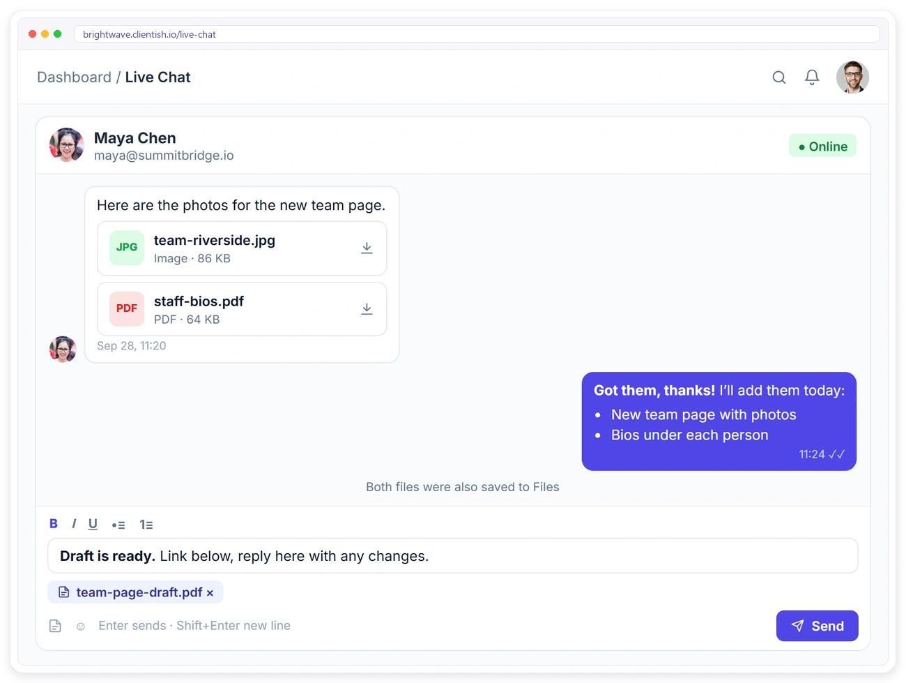 Client sharing image and PDF files in Clientish live chat, with a formatted reply