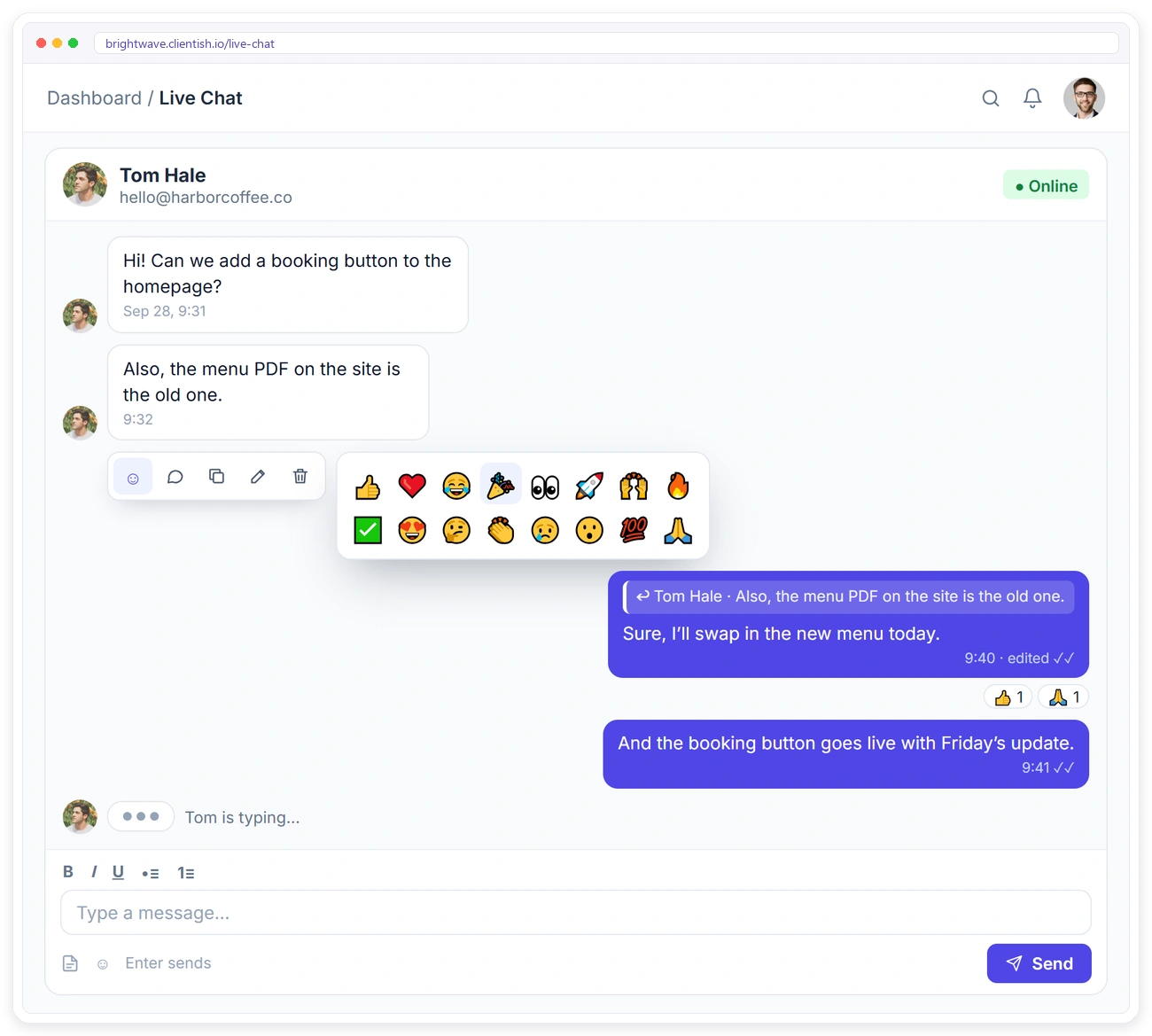 Live chat message actions in Clientish: emoji reactions, reply, copy, edit and delete, with the client typing Live chat message actions in Clientish: emoji reactions, reply, copy, edit and delete, with the client typing
