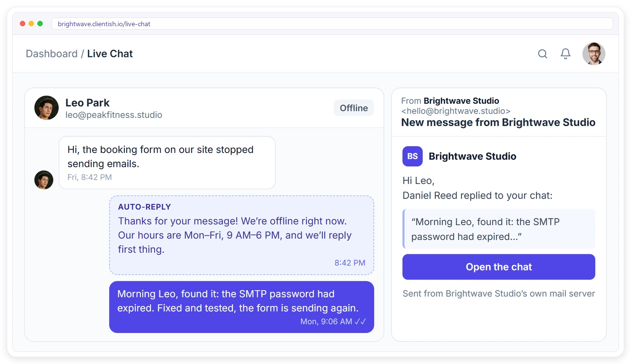 Out-of-hours auto-reply in Clientish live chat and the email a client gets when the agency replies Out-of-hours auto-reply in Clientish live chat and the email a client gets when the agency replies