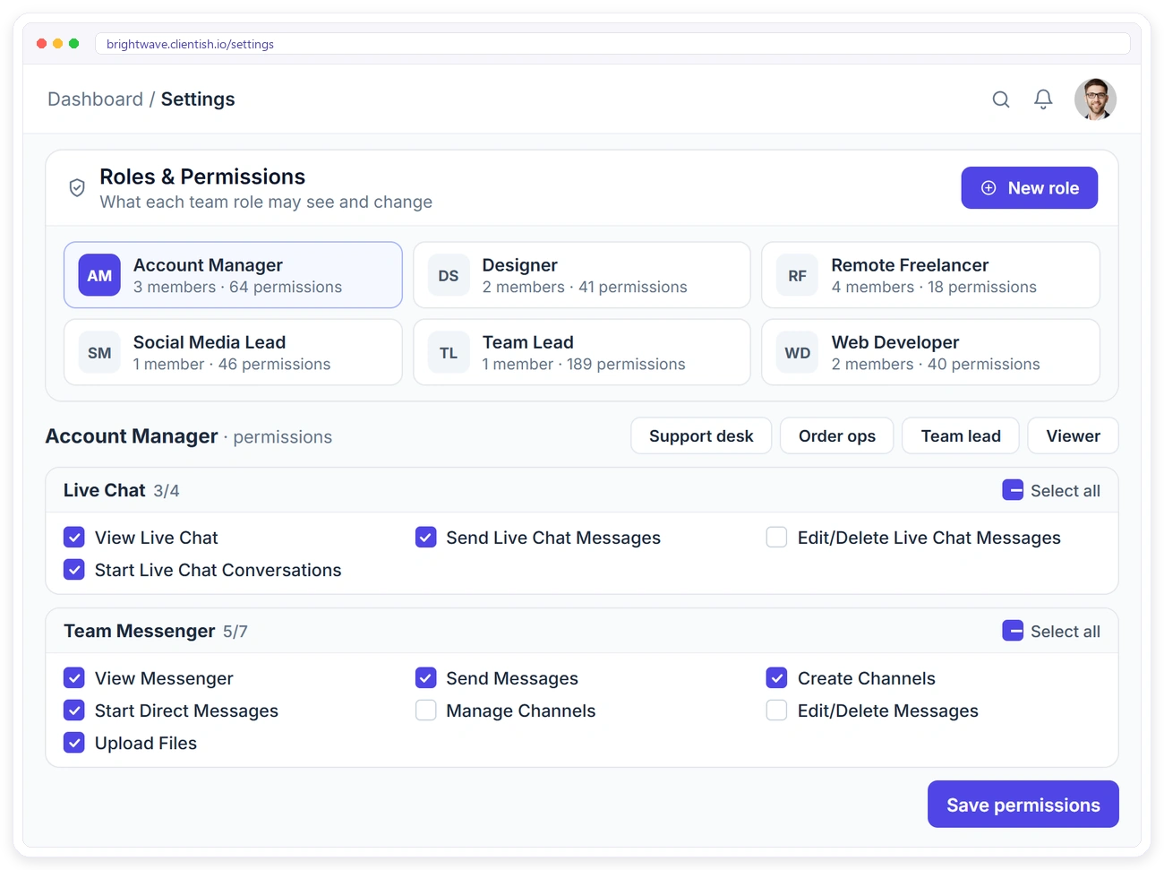 Roles and permissions in Clientish settings for Live Chat and Team Messenger Roles and permissions in Clientish settings for Live Chat and Team Messenger