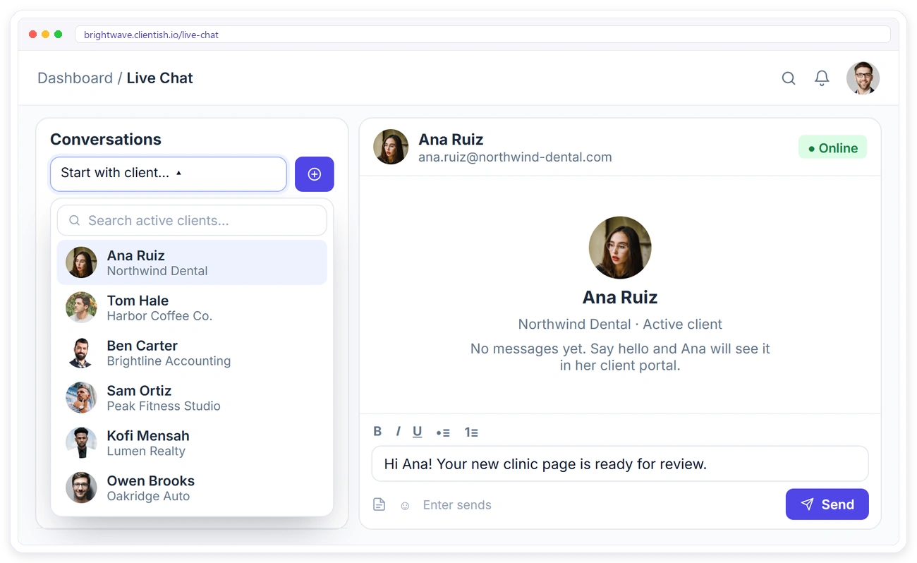 Starting a new live chat with an active client in Clientish Starting a new live chat with an active client in Clientish