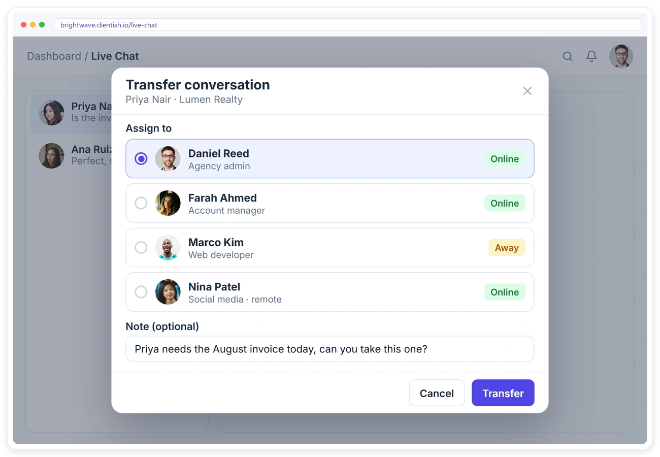 Transferring a client live chat to another team member in Clientish