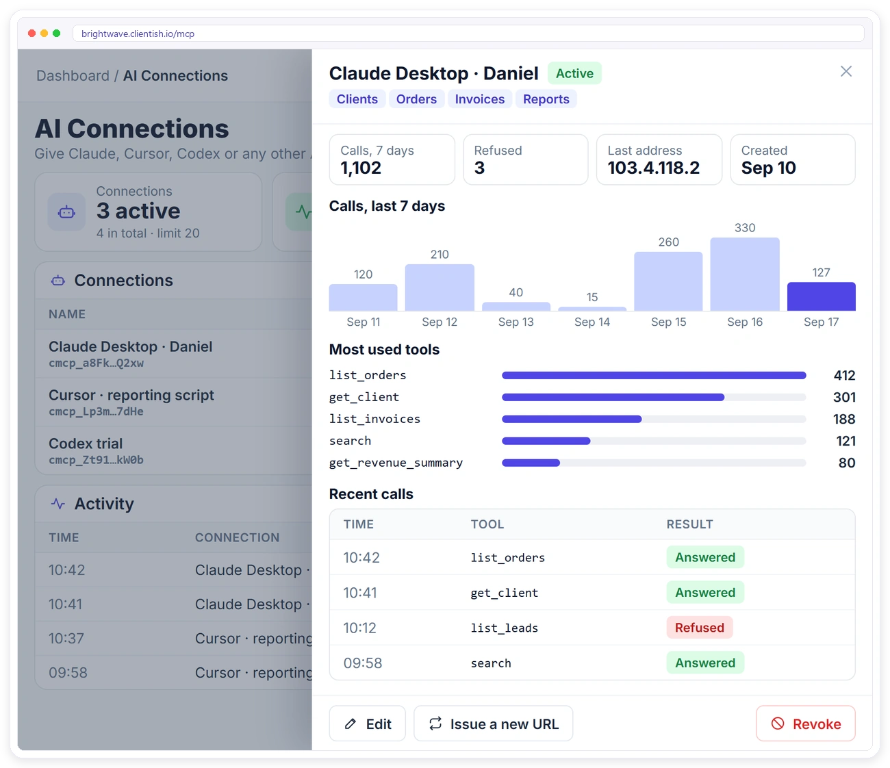 MCP connection details in Clientish with calls per day, most used tools and recent calls MCP connection details in Clientish with calls per day, most used tools and recent calls