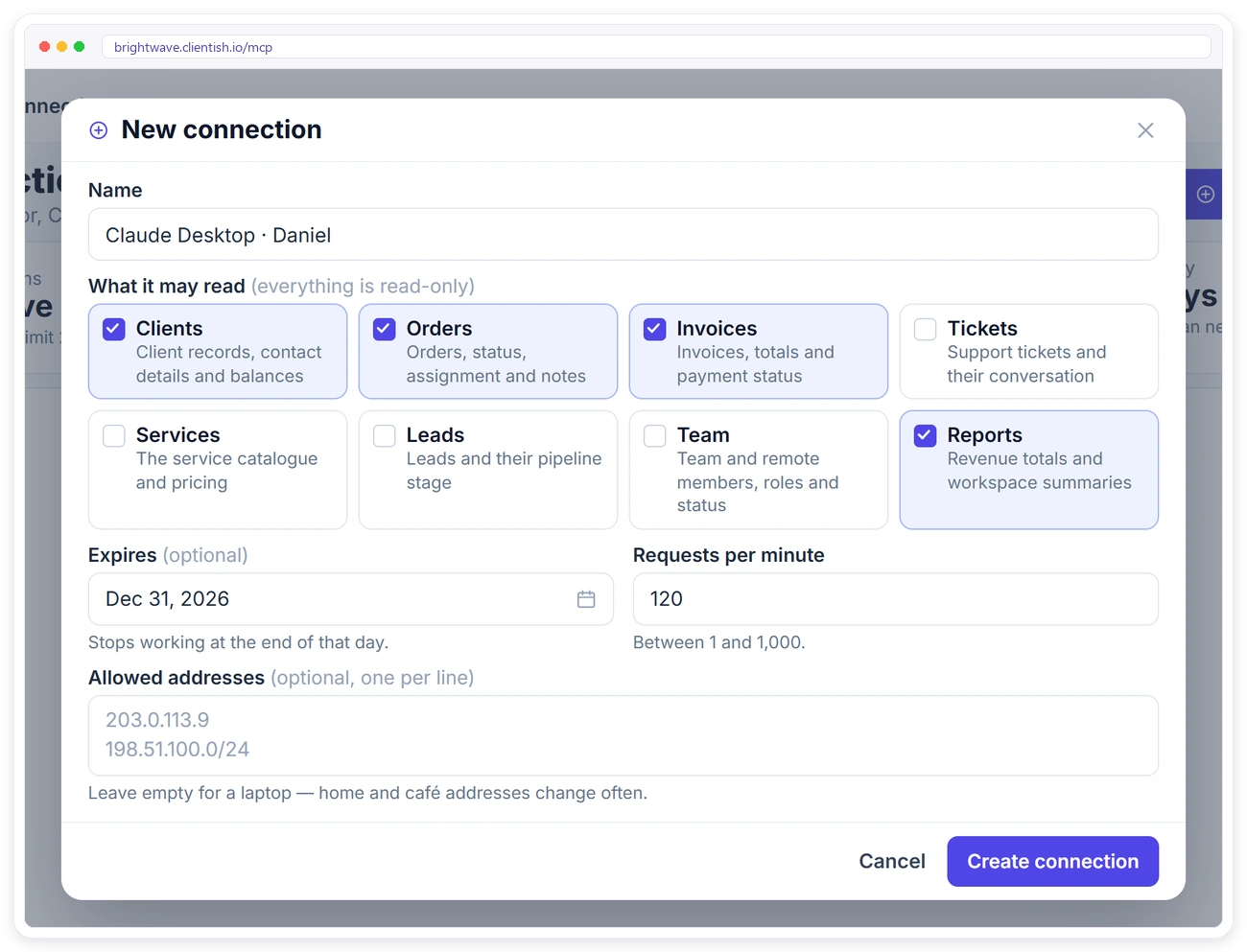 New MCP connection in Clientish with read permissions, expiry date, request limit and allowed addresses New MCP connection in Clientish with read permissions, expiry date, request limit and allowed addresses
