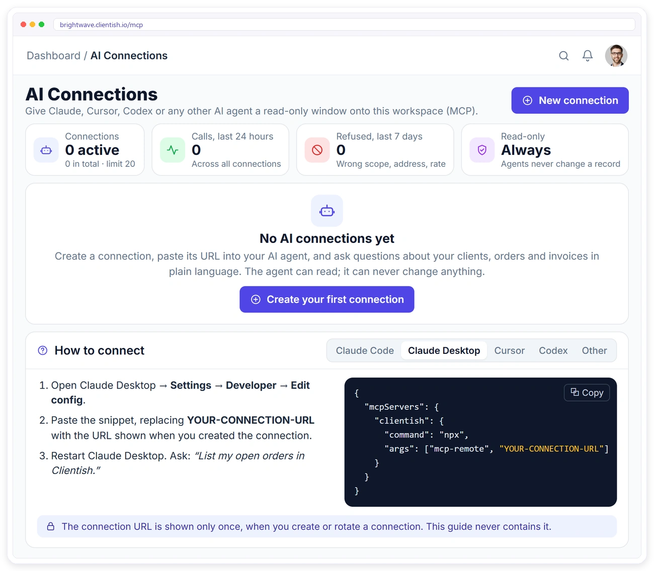 How to connect Claude Code, Claude Desktop, Cursor or Codex to Clientish with a ready-made MCP setup snippet