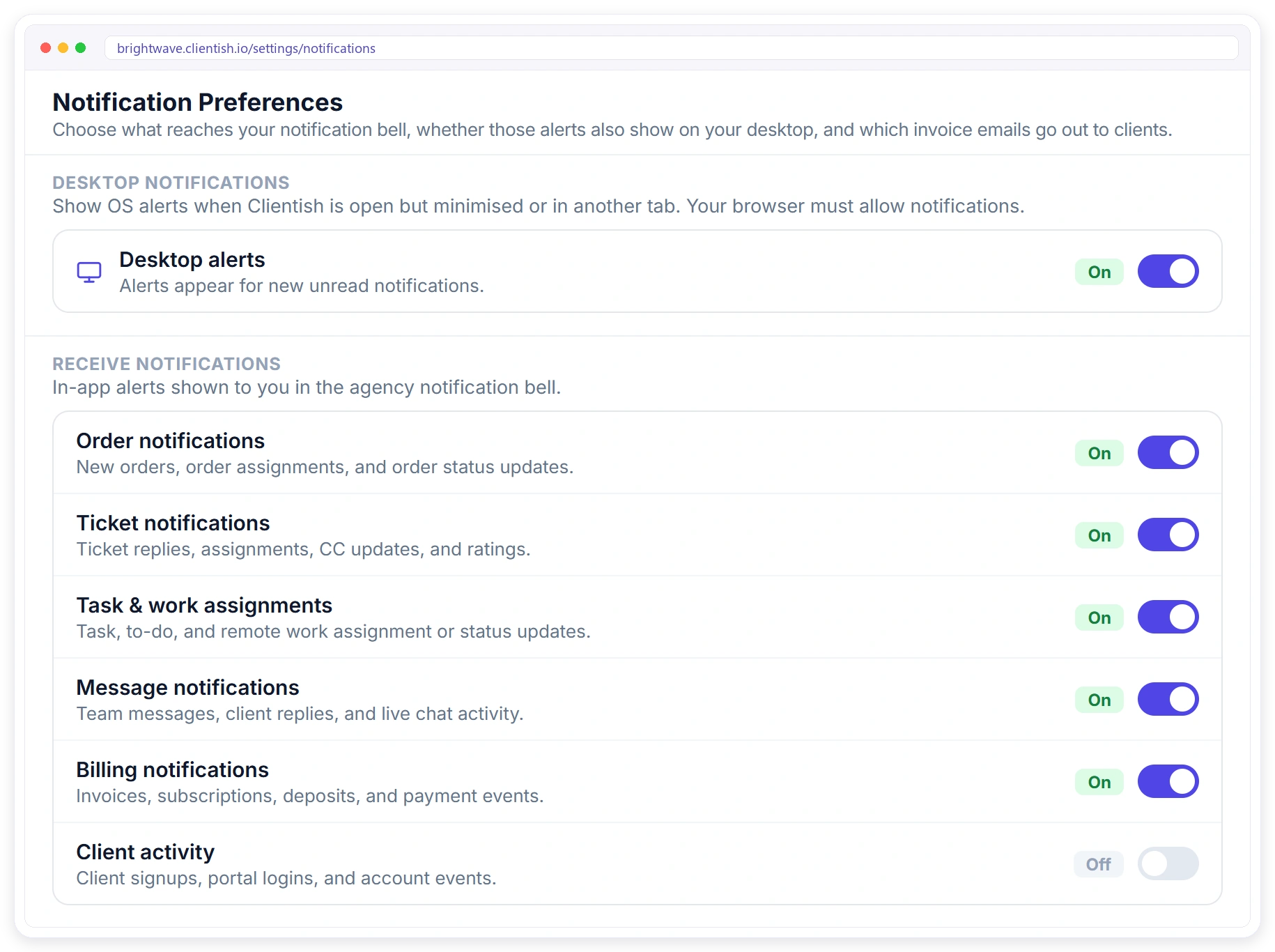Clientish notification preferences for desktop alerts, orders, tickets, tasks, messages and billing
