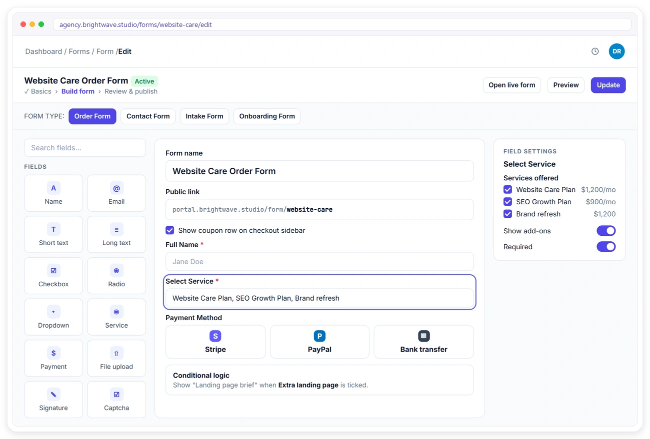 Clientish drag and drop order form builder with services, payment methods and conditional logic