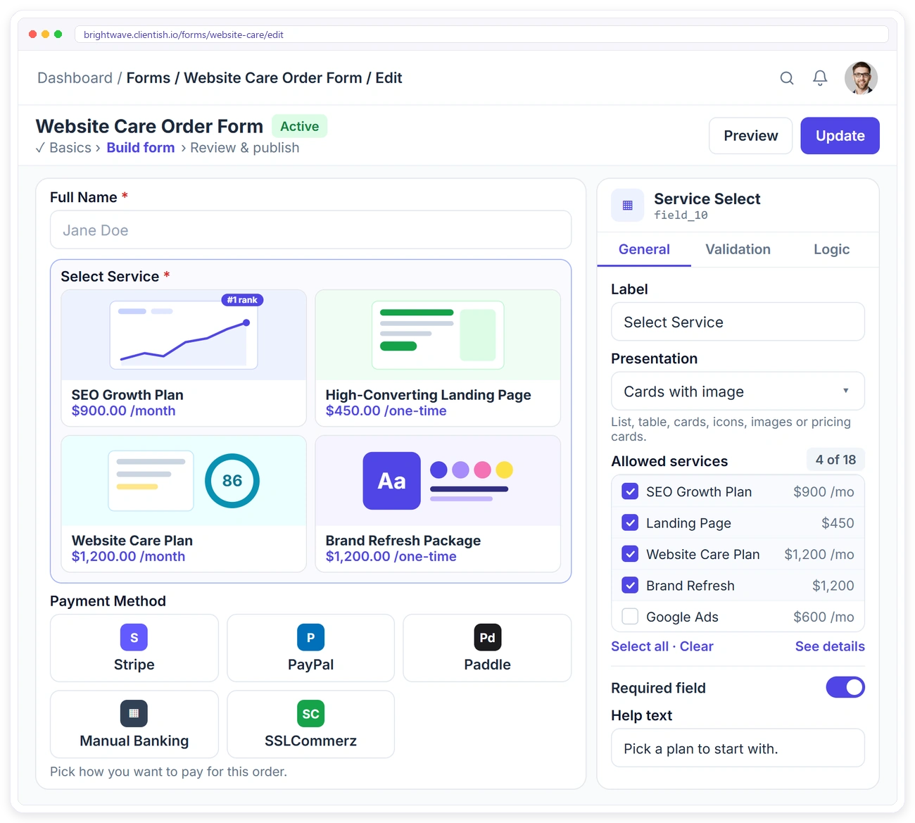Clientish drag and drop order form builder with services, payment methods and conditional logic Clientish drag and drop order form builder with services, payment methods and conditional logic
