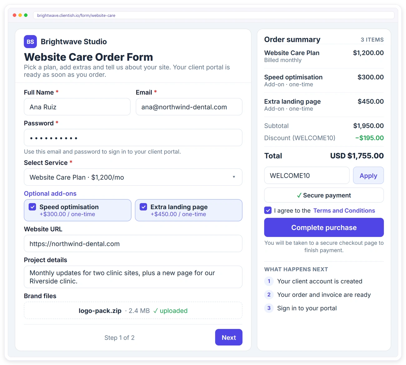 Clientish order form where a client picks a service, adds optional add-ons, applies a coupon and sees the order summary