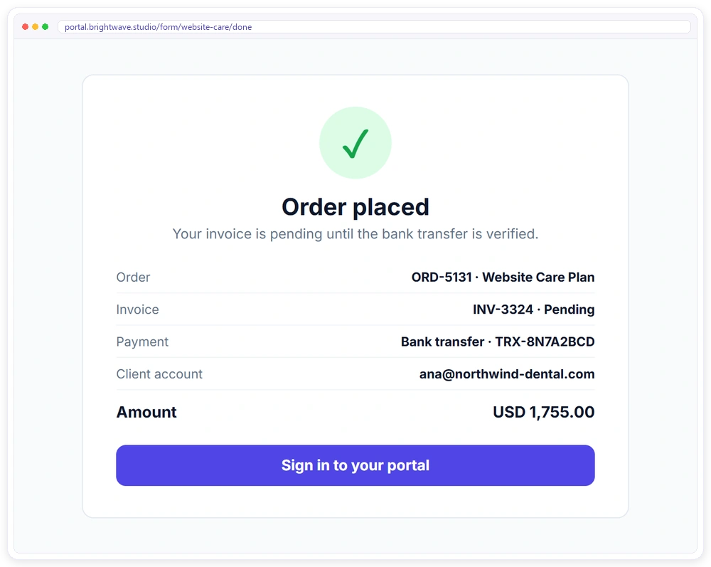 Order confirmation after submitting a Clientish order form, with the order, invoice and client portal sign-in