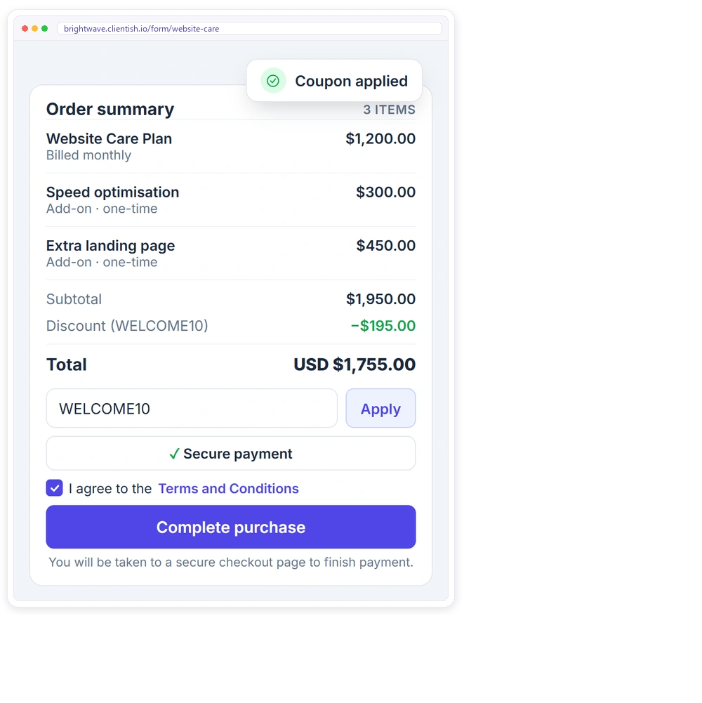 Order summary on a Clientish order form with a monthly plan, two add-ons and a coupon applied Order summary on a Clientish order form with a monthly plan, two add-ons and a coupon applied