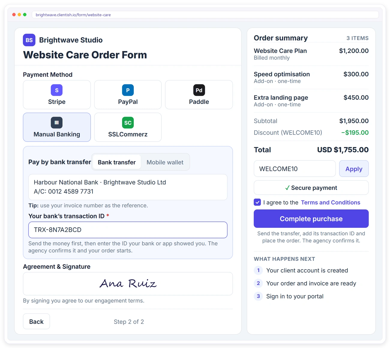 Order form payment step in Clientish with Stripe, PayPal or bank transfer, a transaction ID and an e-signature