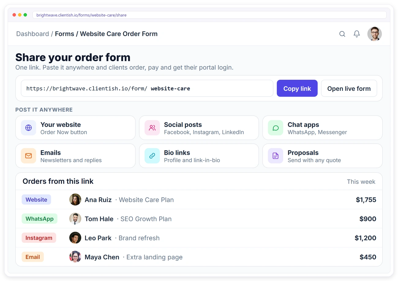 Sharing a Clientish order form link on a website, social posts, chat apps, emails, bio links and proposals