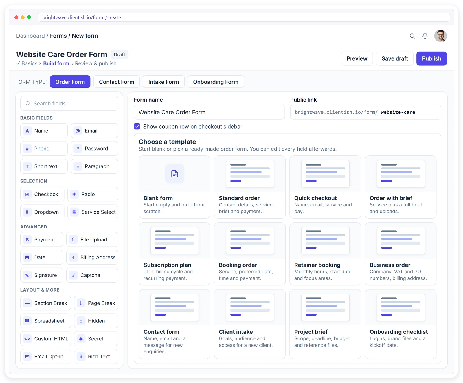 Creating an order form in Clientish from ready-made templates such as Standard order, Quick checkout, Subscription plan and Order with brief Creating an order form in Clientish from ready-made templates such as Standard order, Quick checkout, Subscription plan and Order with brief