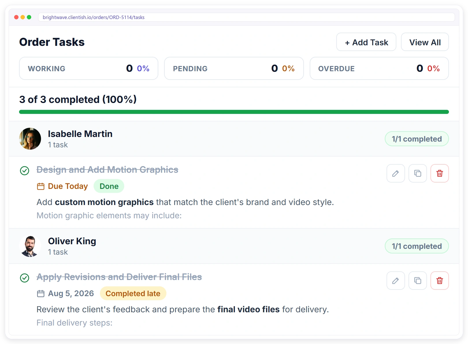 Clientish order tasks with assignees, due dates and completion progress for each team member