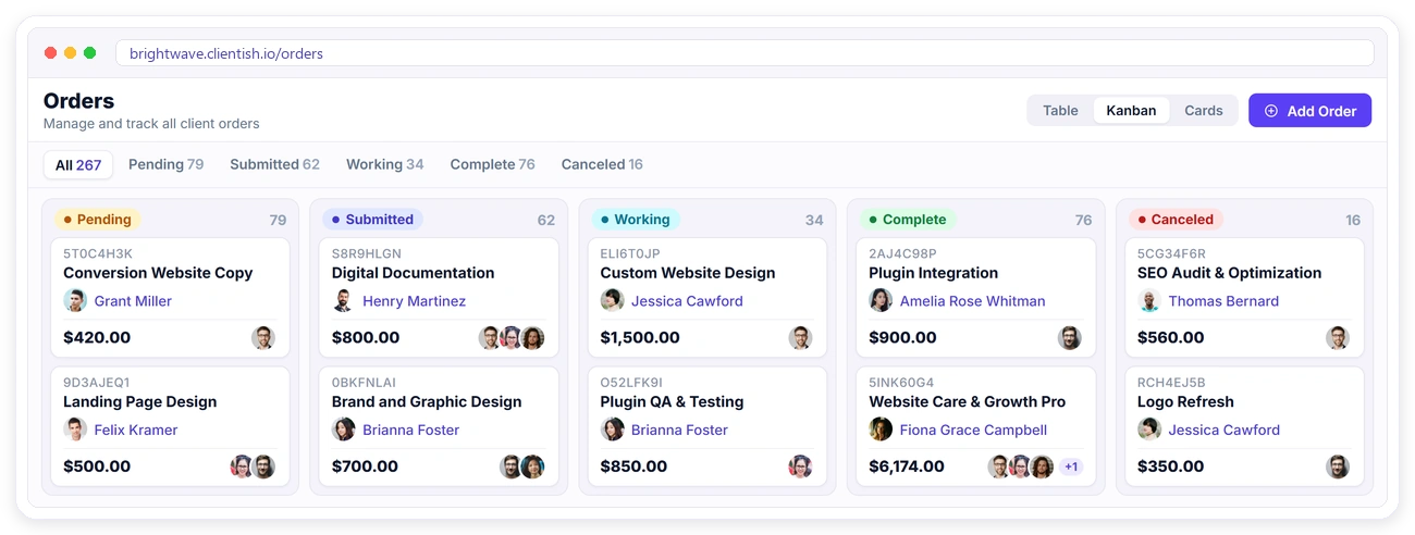 Clientish orders kanban board with pending, submitted, working, complete and canceled orders