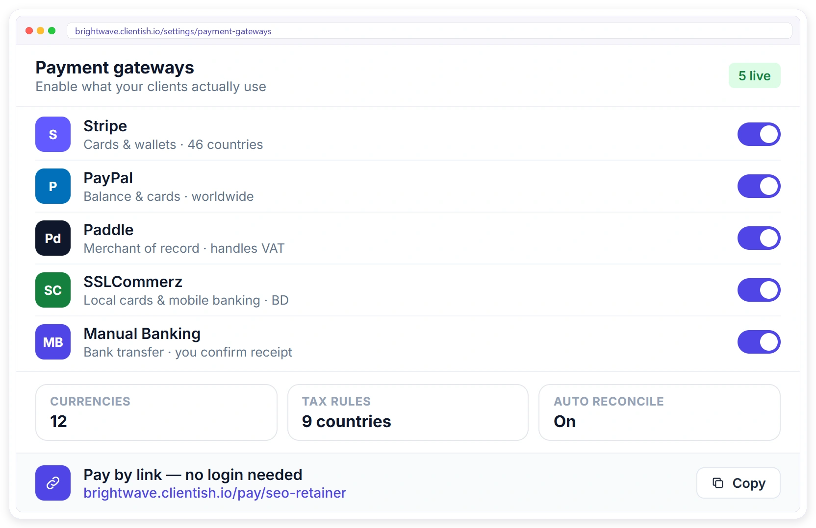 Clientish payment gateways Stripe, PayPal, Paddle, SSLCommerz and Manual Banking with pay-by-link