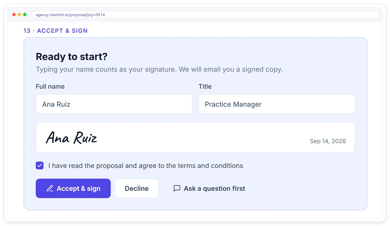 Client accepting and signing a proposal online with a typed name in Clientish