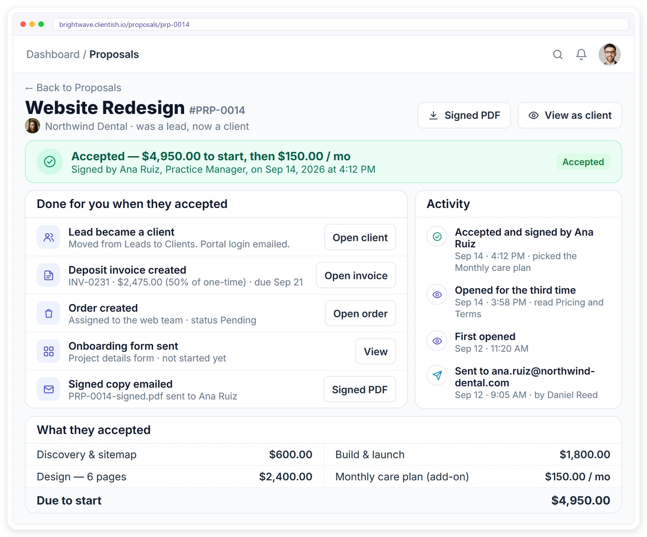 Accepted proposal in Clientish with the created client, invoice and order and the full activity trail Accepted proposal in Clientish with the created client, invoice and order and the full activity trail