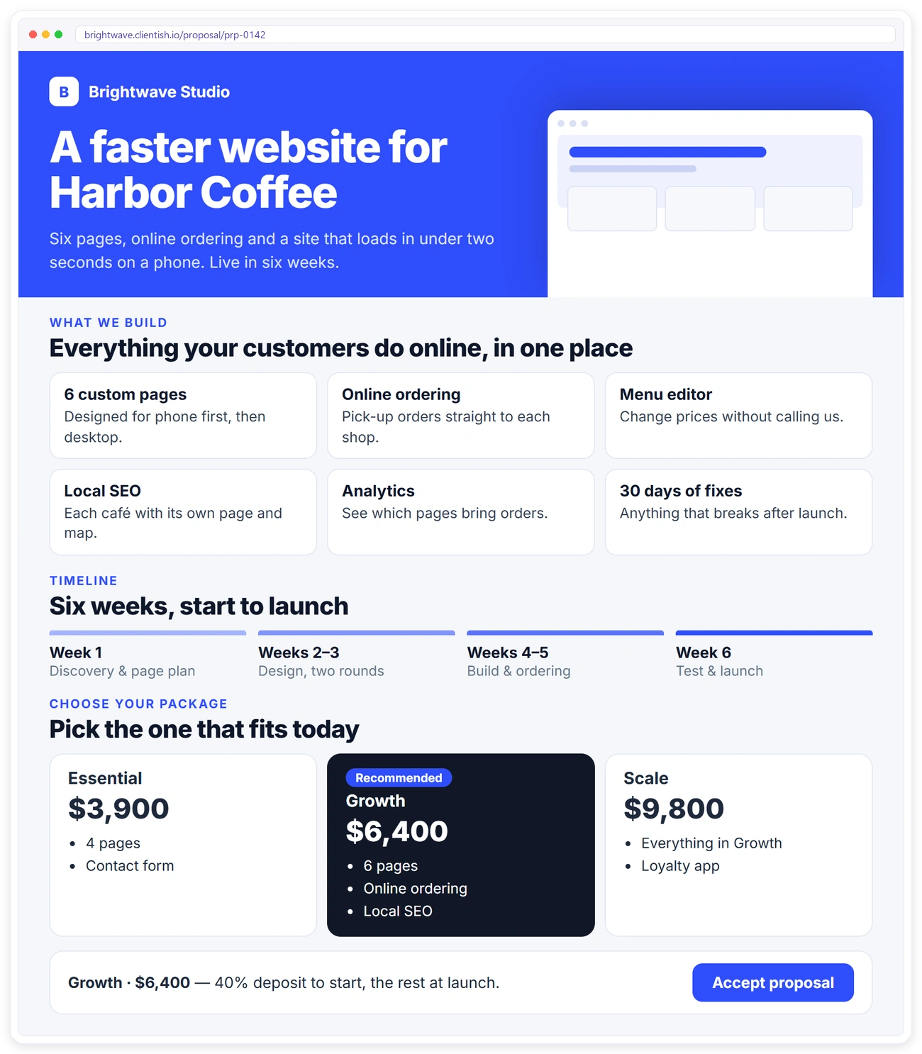 Proposal in the Launch design with scope, timeline and three packages to choose from Proposal in the Launch design with scope, timeline and three packages to choose from