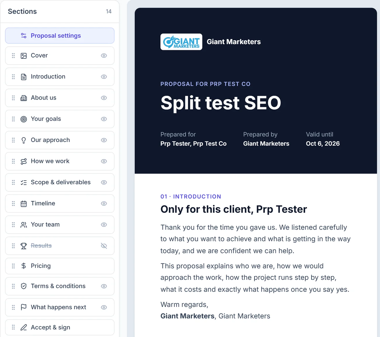 Clientish proposal template editor with sections list, live preview and section settings