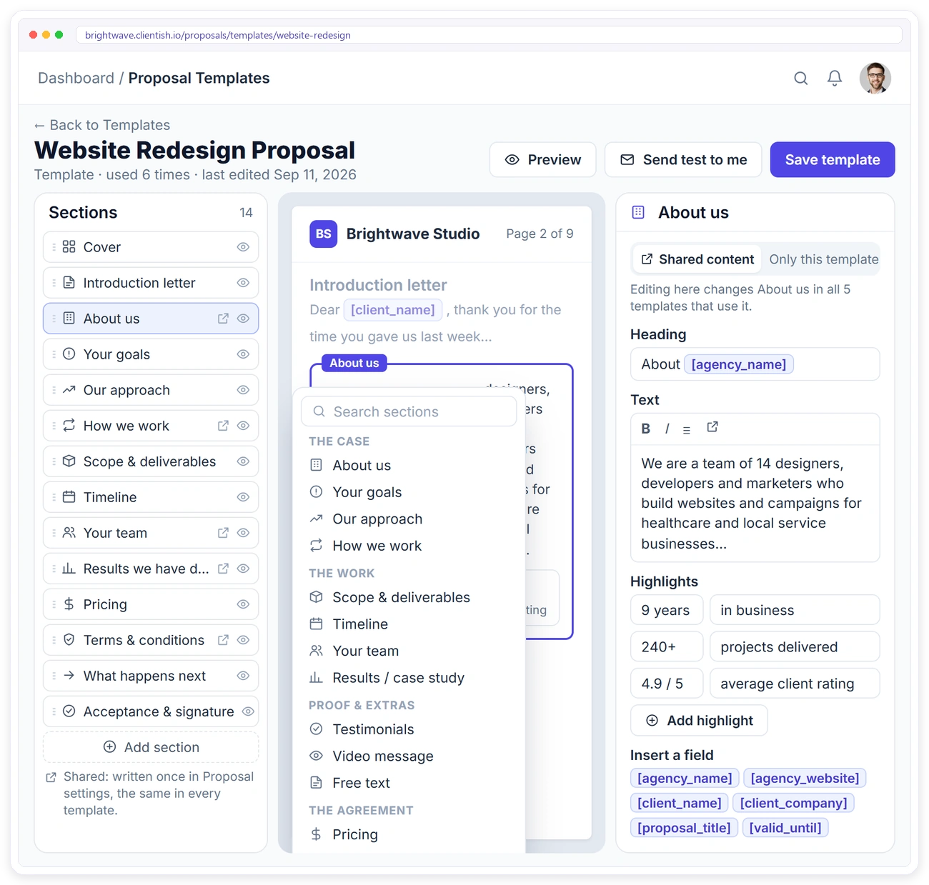 Clientish proposal template editor with sections list, live preview and section settings Clientish proposal template editor with sections list, live preview and section settings