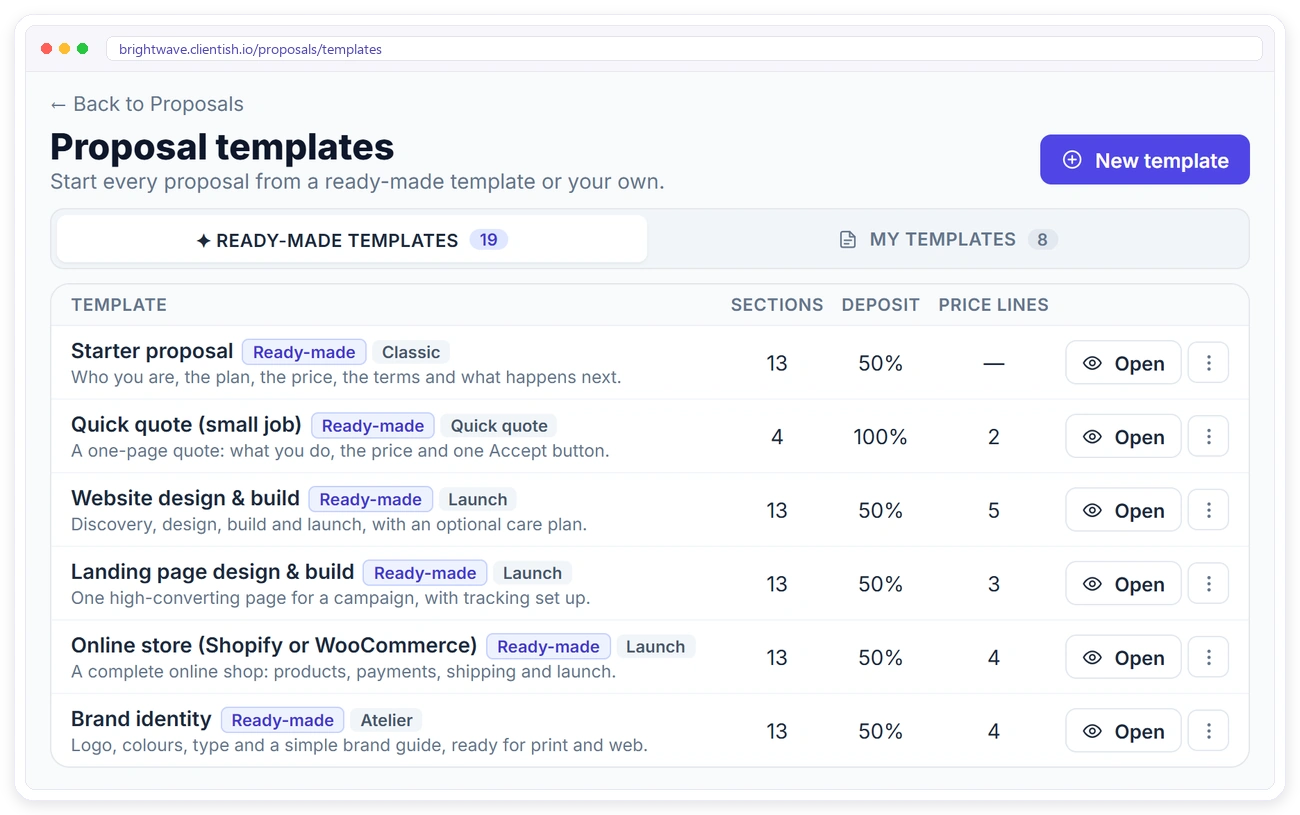 Ready-made proposal templates library in Clientish with sections, deposit and price lines Ready-made proposal templates library in Clientish with sections, deposit and price lines