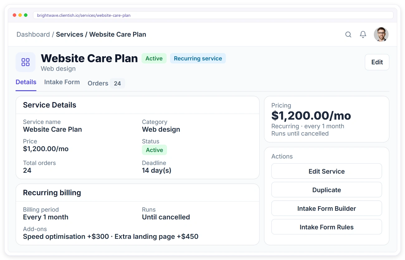 Recurring monthly service in Clientish with its price, billing period and add-ons Recurring monthly service in Clientish with its price, billing period and add-ons