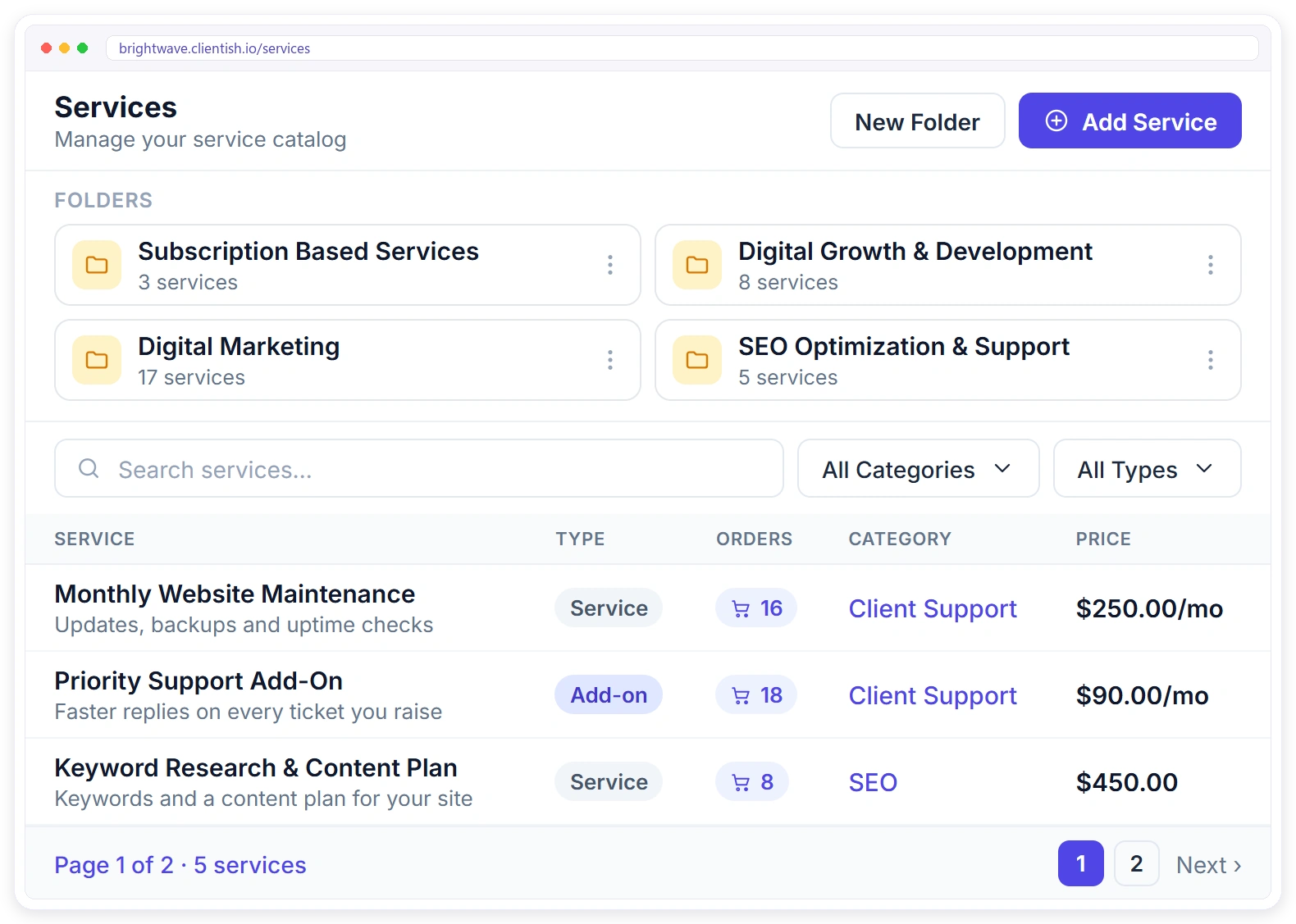Clientish service catalogue with service folders, add-ons, order counts, categories and prices