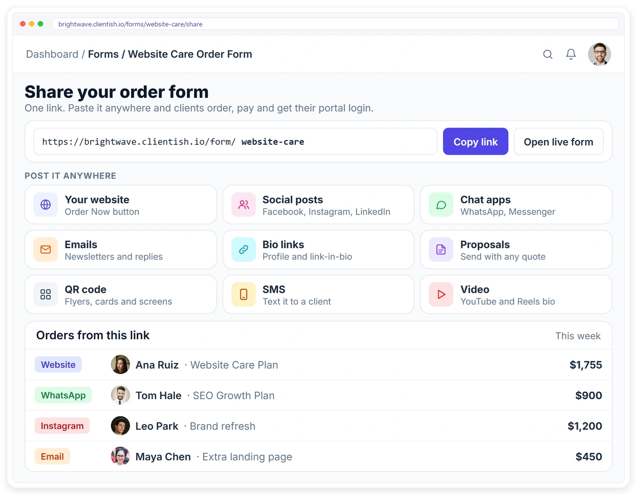 Clientish share screen with one order link, nine places to post it and the paid orders that came in from each channel