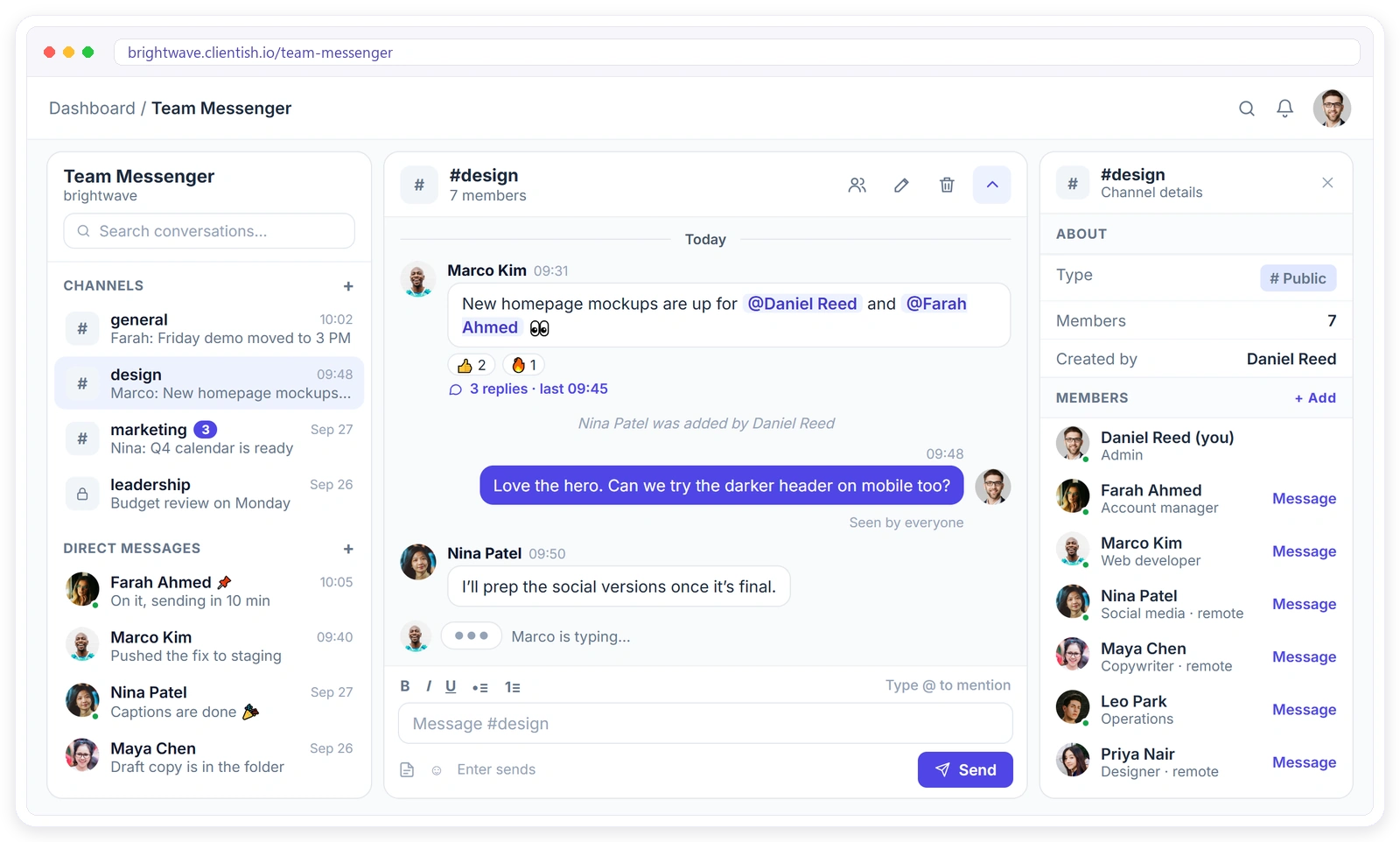 Clientish Team Messenger channel with @mentions, reactions, threaded replies, read status and channel members Clientish Team Messenger channel with @mentions, reactions, threaded replies, read status and channel members