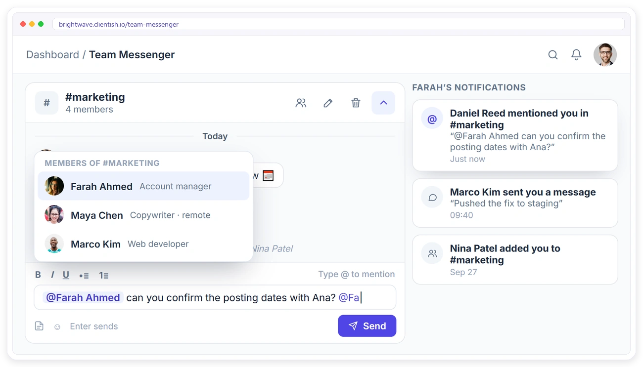 Mentioning a teammate with @ in Clientish Team Messenger and the notification they receive
