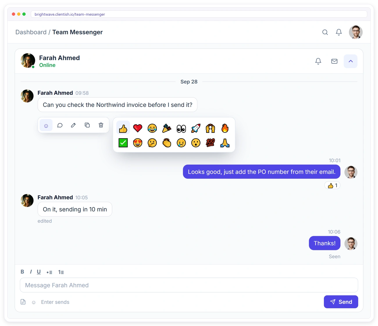 Team Messenger message actions in Clientish: emoji reactions, reply, edit, copy and delete in a direct message