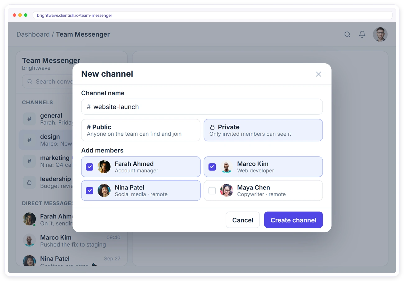 Creating a private channel and adding team and remote members in Clientish Team Messenger Creating a private channel and adding team and remote members in Clientish Team Messenger
