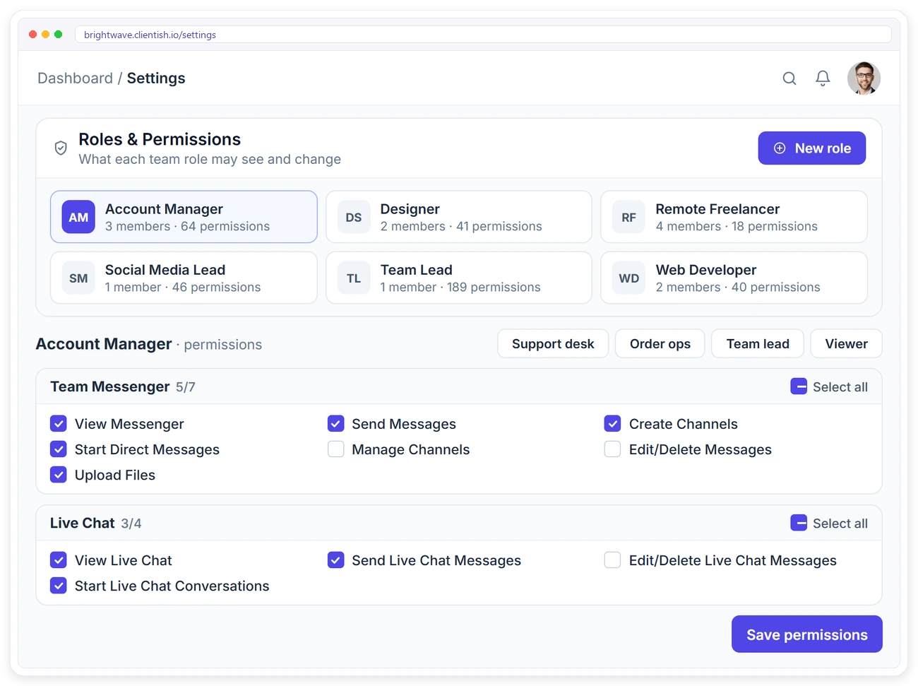 Roles and permissions in Clientish settings for Team Messenger and Live Chat