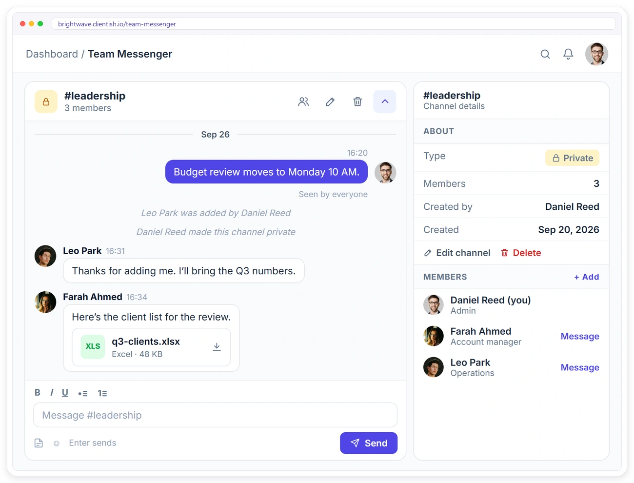 Private channel in Clientish Team Messenger with members, system messages and a shared file Private channel in Clientish Team Messenger with members, system messages and a shared file
