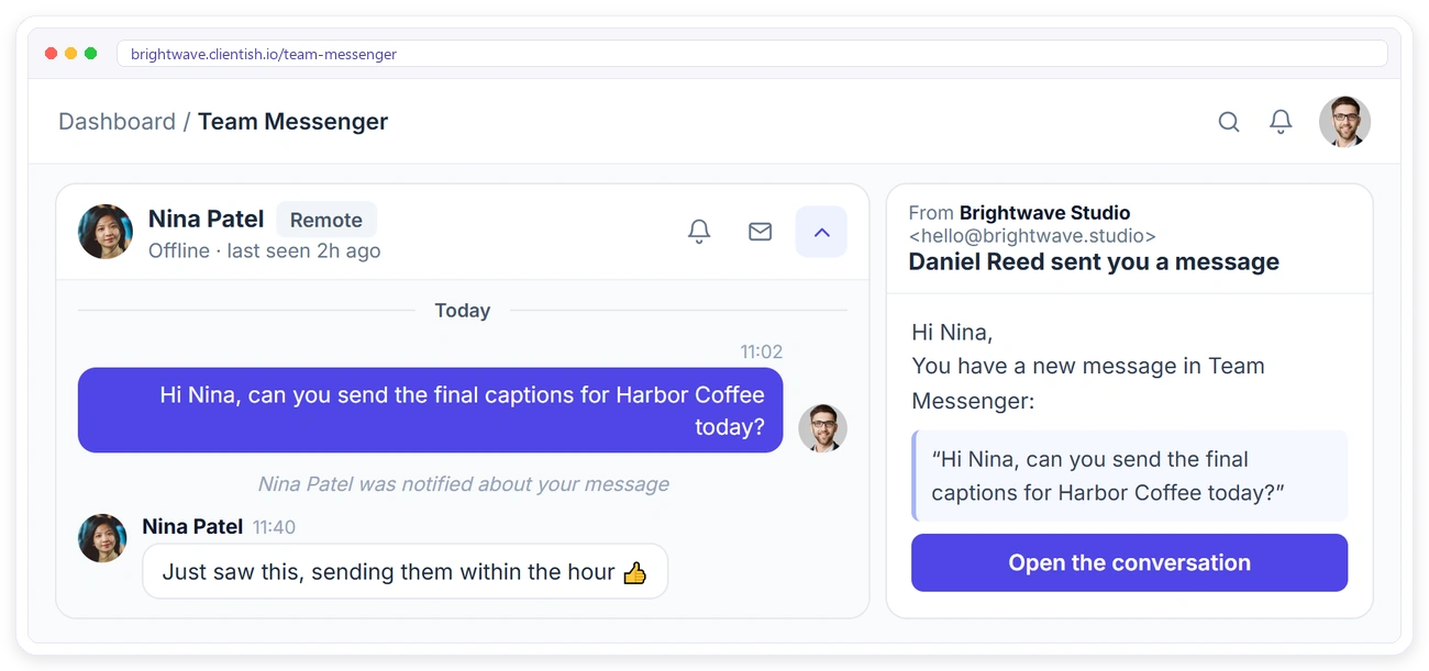 Messaging an offline remote member in Clientish Team Messenger with a notification and email