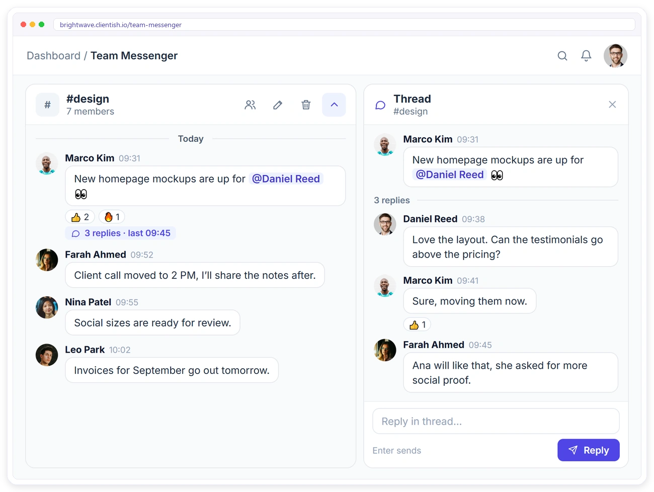 Threaded replies in Clientish Team Messenger, with the thread open next to the channel
