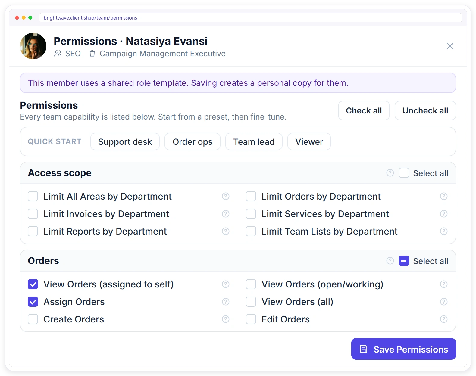 Clientish team member permissions with role presets, access scope by department and order permissions