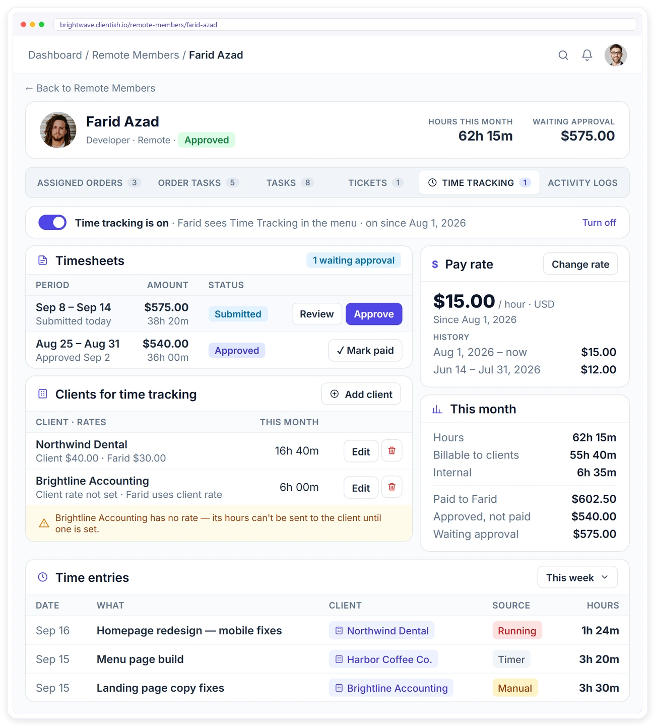 Remote member profile in Clientish with pay rate, client rates, timesheets and time entries