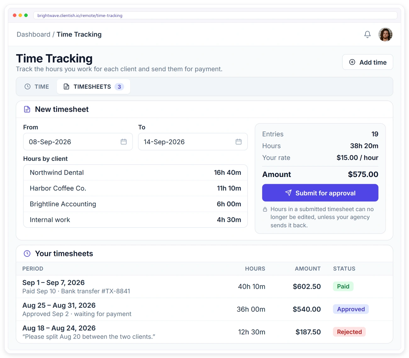 Remote member submitting a timesheet with hours by client in Clientish time tracking